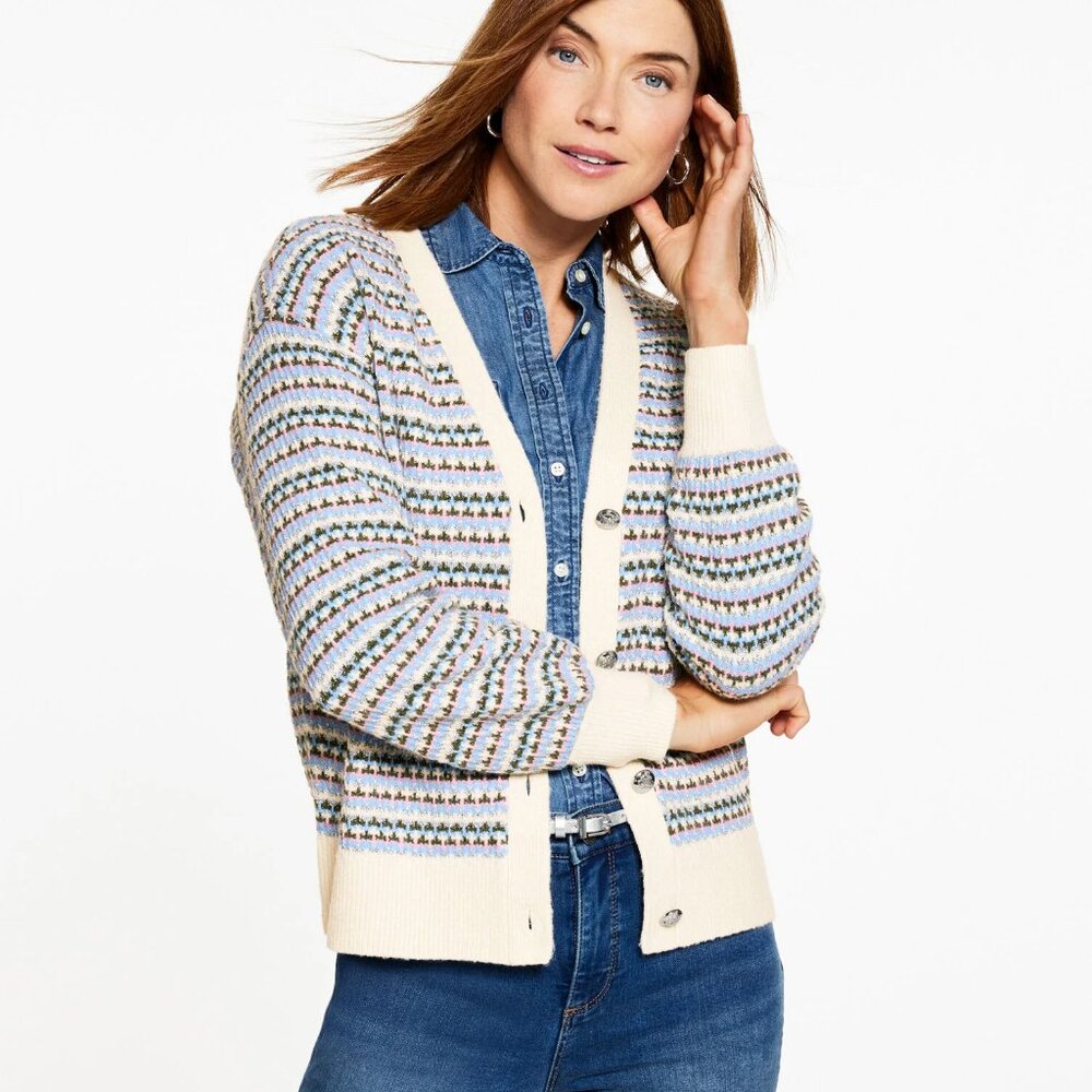 Talbots V-Neck Cardigan in Breezy Stripe - Blue/Silver - Petite Medium - NWT